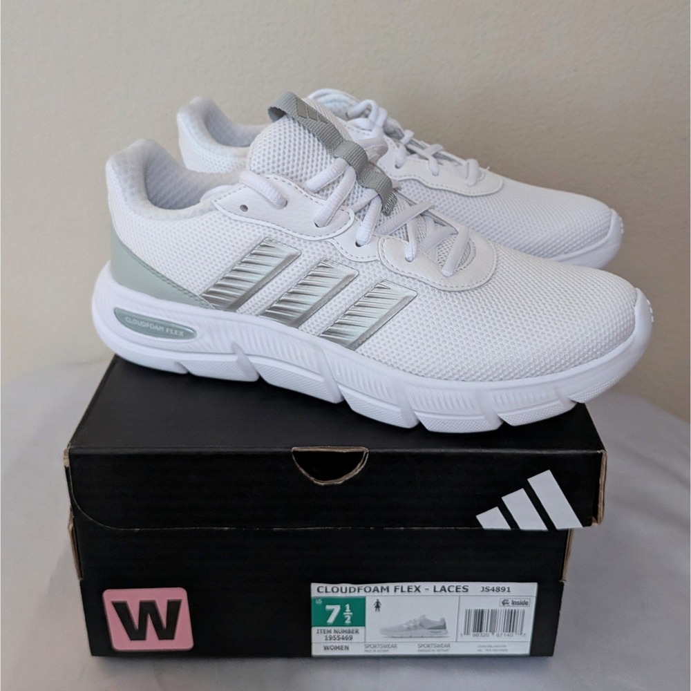 New Adidas Women's Cloudfoam Flex Sneaker Shoes Wide Fit White Gray 7.5